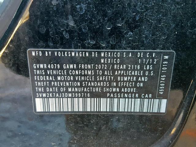 3VW2K7AJ3DM399716 - 2013 VOLKSWAGEN JETTA BASE BLACK photo 10