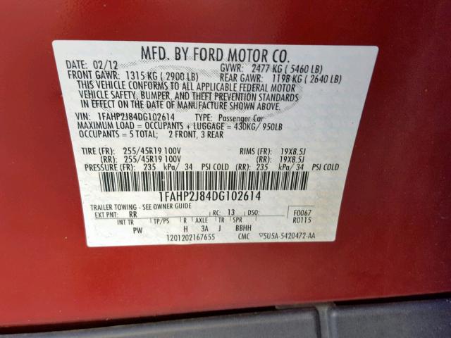 1FAHP2J84DG102614 - 2013 FORD TAURUS LIM BURGUNDY photo 10