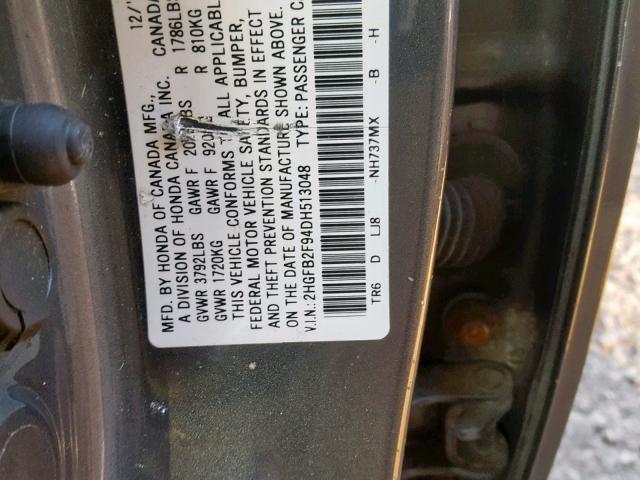 2HGFB2F94DH513048 - 2013 HONDA CIVIC EXL GRAY photo 10