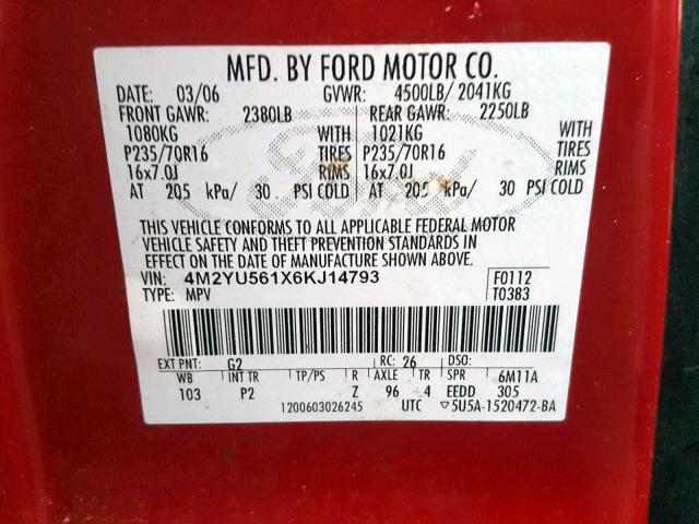 4M2YU561X6KJ14793 - 2006 MERCURY MARINER RED photo 10