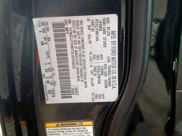 1FMZU75W72UD35622 - 2002 FORD EXPLORER L BLACK photo 10