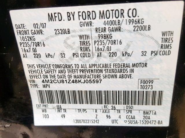 4M2CU81Z48KJ05597 - 2008 MERCURY MARINER BLACK photo 10