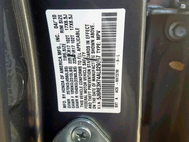 5J6RE3H74AL029667 - 2010 HONDA CR-V EXL SILVER photo 10