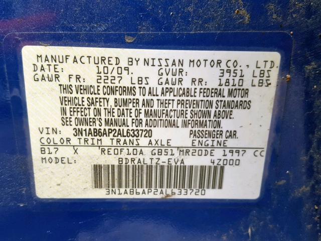 3N1AB6AP2AL633720 - 2010 NISSAN SENTRA 2.0 BLUE photo 10