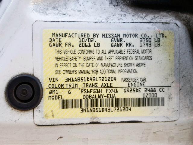 3N1AB51D43L721204 - 2003 NISSAN SENTRA SE- WHITE photo 10