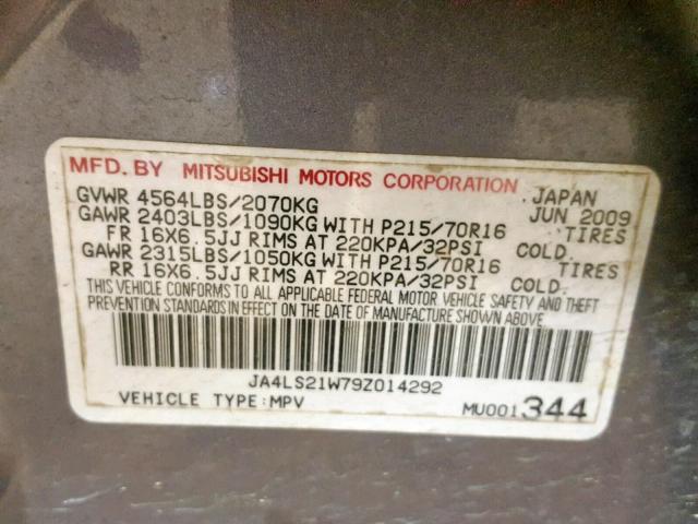 JA4LS21W79Z014292 - 2009 MITSUBISHI OUTLANDER GRAY photo 10