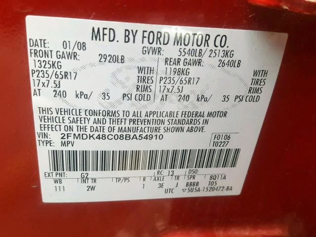 2FMDK48C08BA54910 - 2008 FORD EDGE SEL RED photo 10