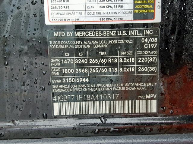 4JGBF71E18A410317 - 2008 MERCEDES-BENZ GL 450 4MA BLACK photo 10