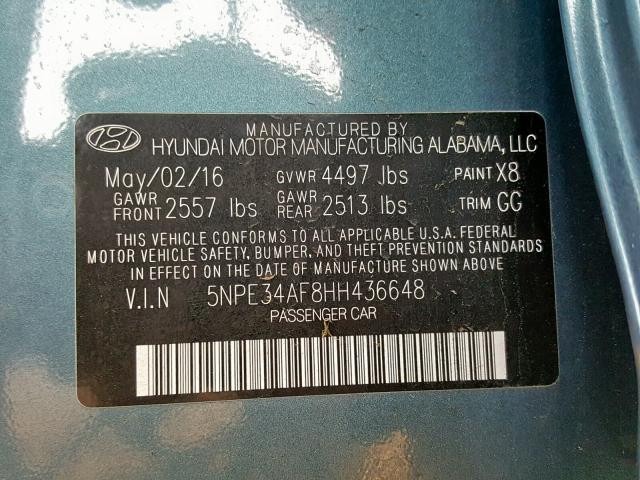 5NPE34AF8HH436648 - 2017 HYUNDAI SONATA SPO BLUE photo 10