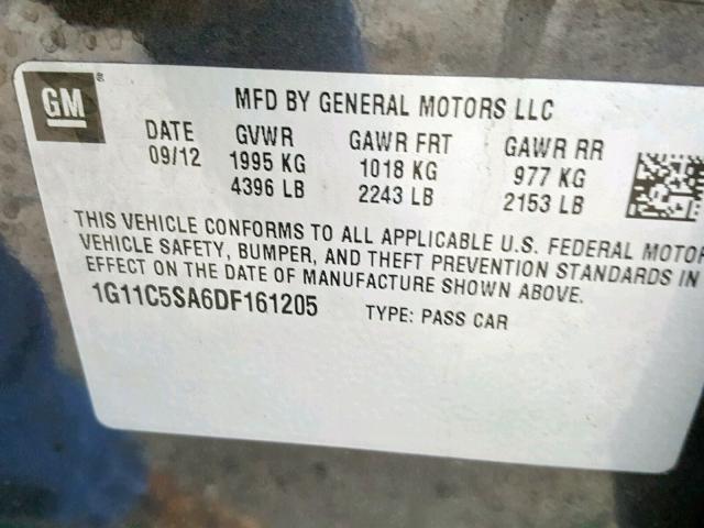 1G11C5SA6DF161205 - 2013 CHEVROLET MALIBU 1LT CHARCOAL photo 10