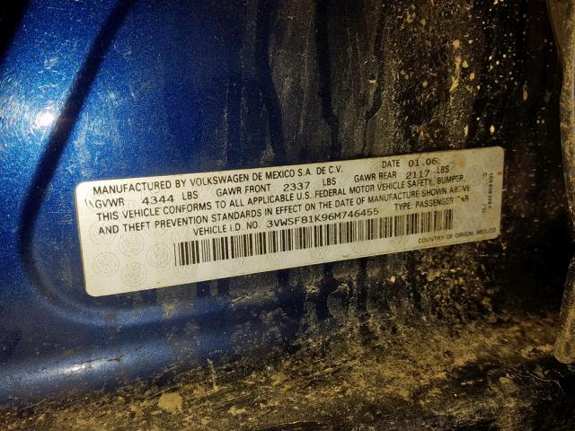 3VWSF81K96M746455 - 2006 VOLKSWAGEN JETTA 2.5 BLUE photo 10