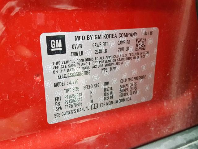 KL4CJCSB3GB692869 - 2016 BUICK ENCORE RED photo 10