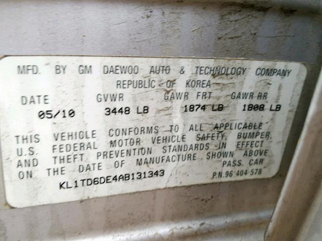 KL1TD6DE4AB131343 - 2010 CHEVROLET AVEO LS SILVER photo 10