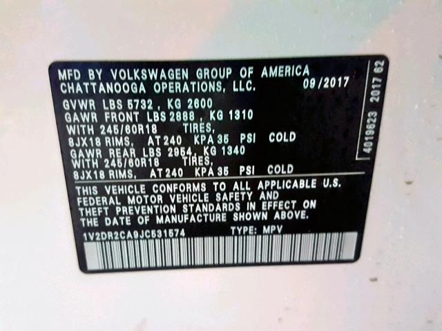 1V2DR2CA9JC531574 - 2018 VOLKSWAGEN ATLAS SE WHITE photo 10