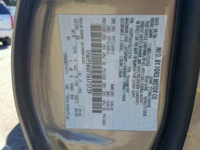 1FAFP56U77A175739 - 2007 FORD TAURUS SEL GOLD photo 10