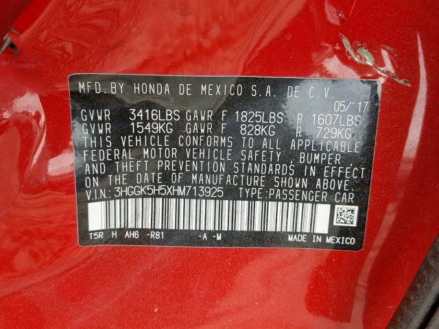 3HGGK5H5XHM713925 - 2017 HONDA FIT LX RED photo 10