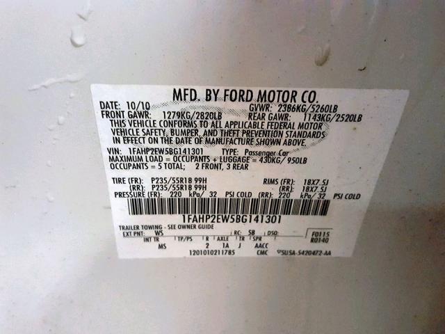 1FAHP2EW5BG141301 - 2011 FORD TAURUS SEL WHITE photo 10