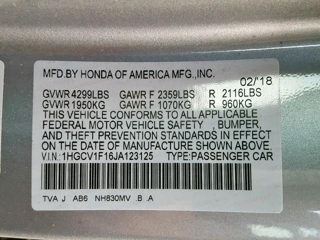 1HGCV1F16JA123125 - 2018 HONDA ACCORD LX SILVER photo 10