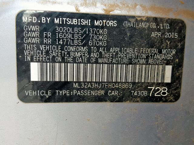 ML32A3HJ7FH048869 - 2015 MITSUBISHI MIRAGE DE SILVER photo 10