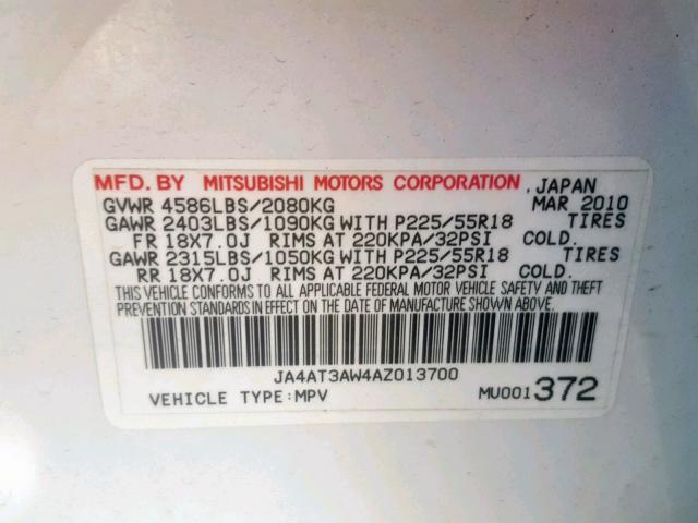 JA4AT3AW4AZ013700 - 2010 MITSUBISHI OUTLANDER WHITE photo 10