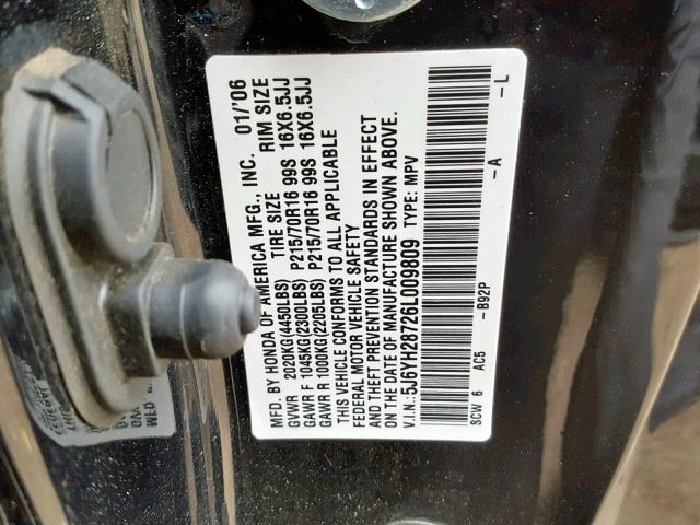 5J6YH28726L009809 - 2006 HONDA ELEMENT EX BLACK photo 10