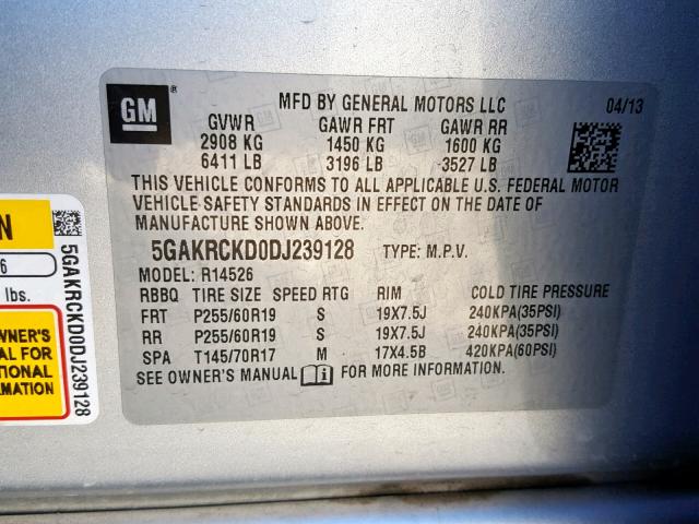 5GAKRCKD0DJ239128 - 2013 BUICK ENCLAVE SILVER photo 10