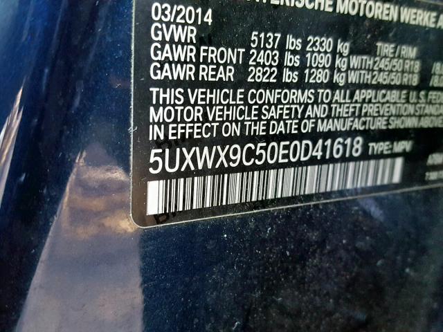 5UXWX9C50E0D41618 - 2014 BMW X3 XDRIVE2 BLUE photo 10