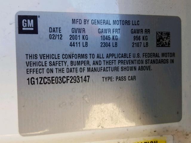 1G1ZC5E03CF293147 - 2012 CHEVROLET MALIBU 1LT 白色 照片 10