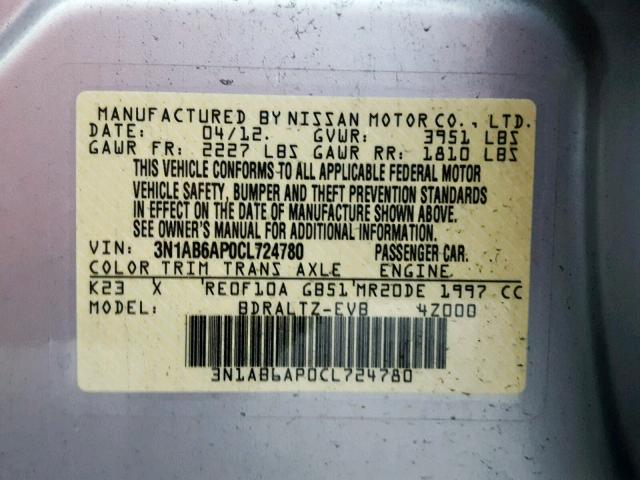 3N1AB6AP0CL724780 - 2012 NISSAN SENTRA 2.0 SILVER photo 10