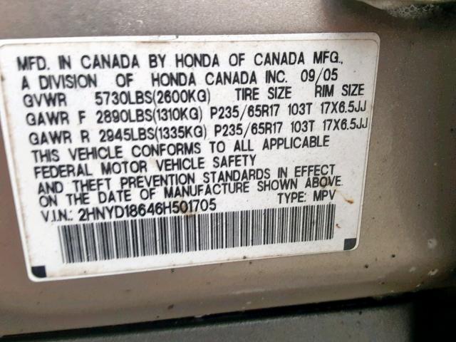 2HNYD18646H501705 - 2006 ACURA MDX TOURIN GOLD photo 10