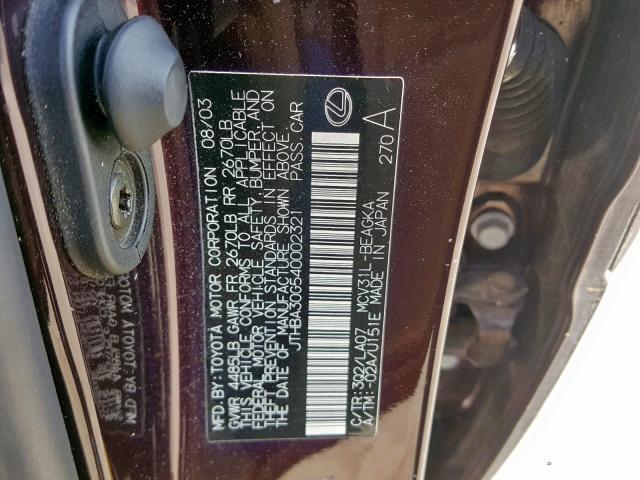 JTHBA30G540002321 - 2004 LEXUS ES 330 PURPLE photo 10