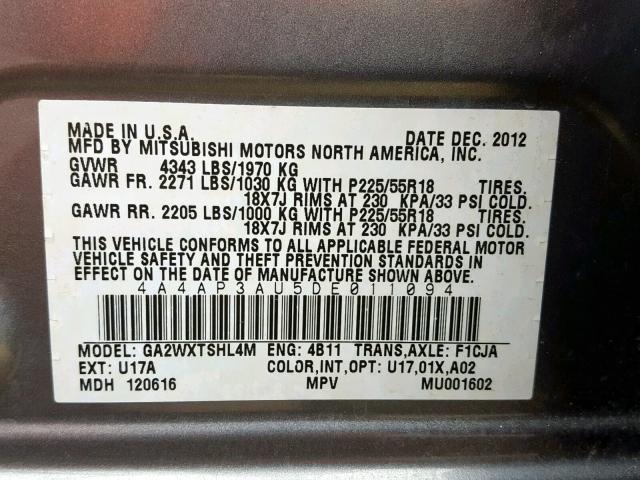 4A4AP3AU5DE011094 - 2013 MITSUBISHI OUTLANDER GRAY photo 10