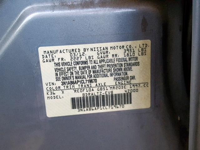 3N1AB6AP1CL719670 - 2012 NISSAN SENTRA 2.0 SILVER photo 10