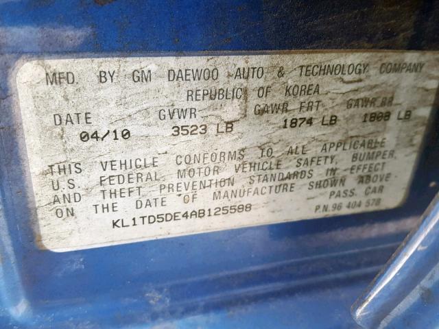 KL1TD5DE4AB125598 - 2010 CHEVROLET AVEO LS BLUE photo 10