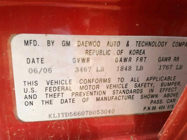 KL1TD56607B053040 - 2007 CHEVROLET AVEO BASE წითელი ფოტო 10