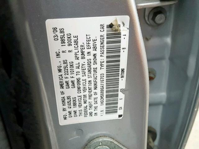 1HGCM56896A116703 - 2006 HONDA ACCORD EX SILVER photo 10