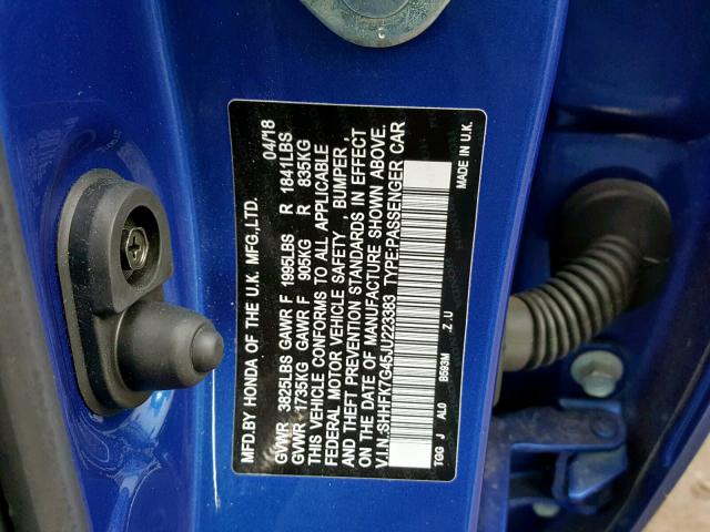 SHHFK7G45JU223383 - 2018 HONDA CIVIC SPOR BLUE photo 10