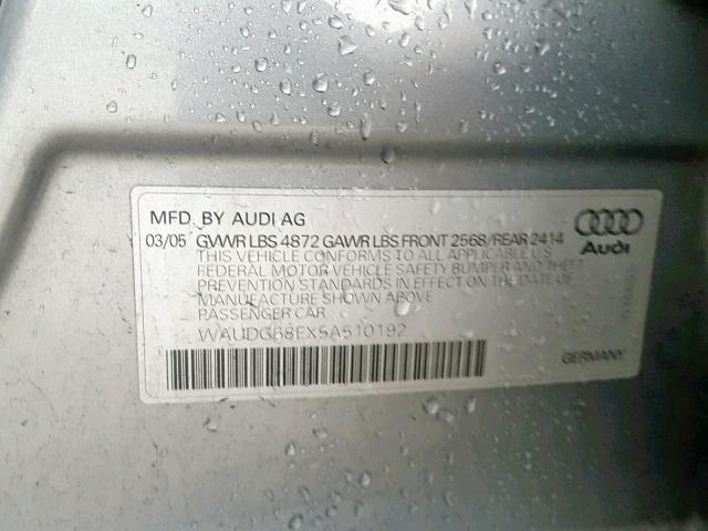 WAUDG68EX5A510192 - 2005 AUDI A4 3.2 QUA SILVER photo 10