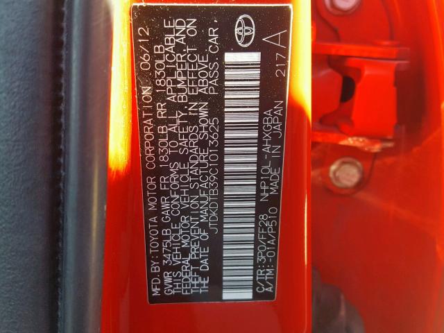 JTDKDTB39C1013625 - 2012 TOYOTA PRIUS C RED photo 10