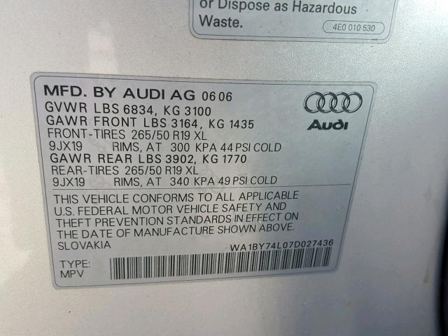 WA1BY74L07D027436 - 2007 AUDI Q7 3.6 QUA SILVER photo 10