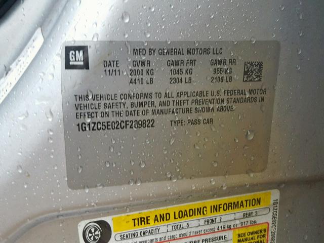 1G1ZC5E02CF209822 - 2012 CHEVROLET MALIBU 1LT ვერცხლისფერი ფოტო 10