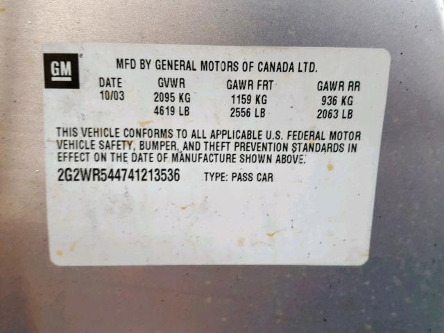 2G2WR544741213536 - 2004 PONTIAC GRAND PRIX SILVER photo 10