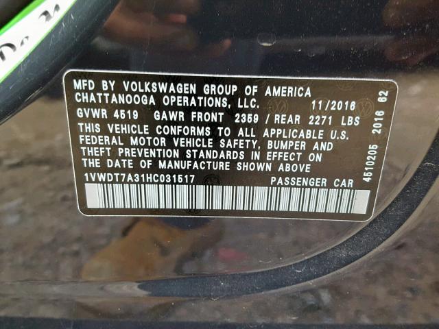 1VWDT7A31HC031517 - 2017 VOLKSWAGEN PASSAT R-L GRAY photo 10