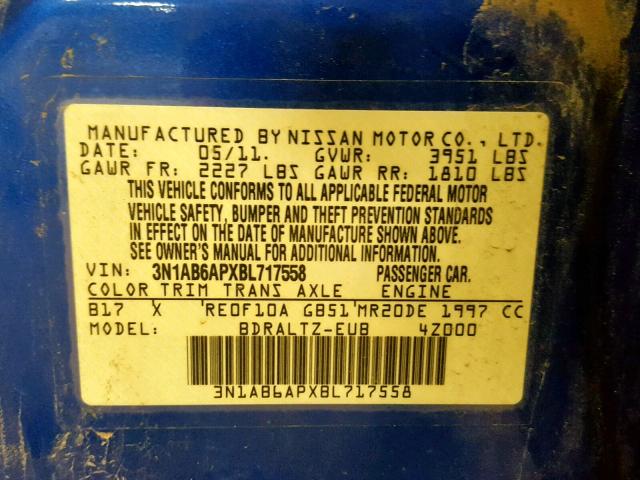 3N1AB6APXBL717558 - 2011 NISSAN SENTRA 2.0 BLUE photo 10