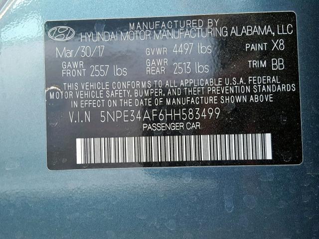 5NPE34AF6HH583499 - 2017 HYUNDAI SONATA SPO BLUE photo 10