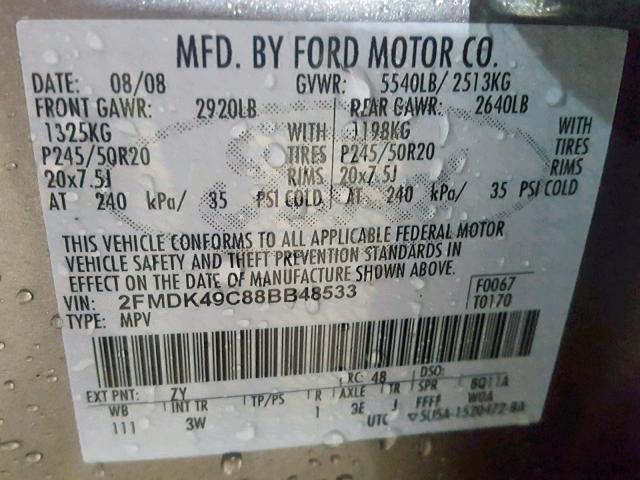 2FMDK49C88BB48533 - 2008 FORD EDGE LIMIT SILVER photo 10