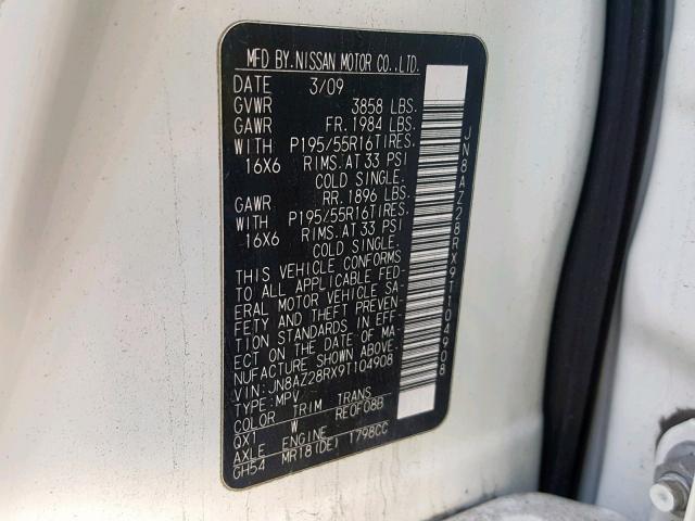 JN8AZ28RX9T104908 - 2009 NISSAN CUBE BASE WHITE photo 10