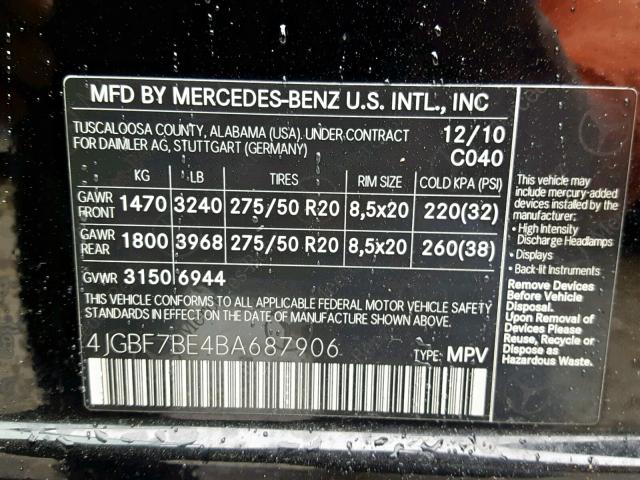 4JGBF7BE4BA687906 - 2011 MERCEDES-BENZ GL 450 4MA BLACK photo 10