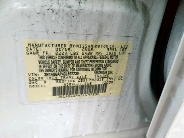 3N1AB6AP4CL697230 - 2012 NISSAN SENTRA 2.0 WHITE photo 10