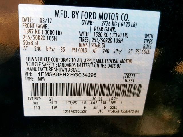 1FM5K8FHXHGC34298 - 2017 FORD EXPLORER L BLACK photo 10